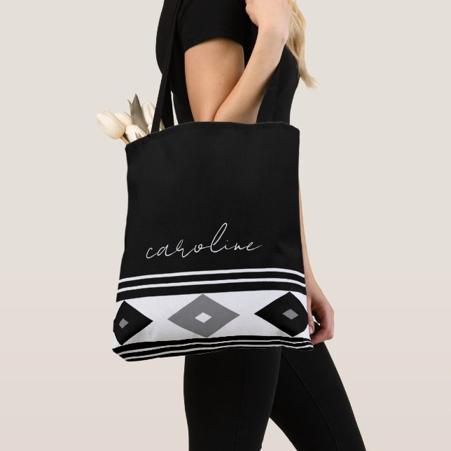 Tote Bag Bandes noires et blanches et formes diamant (De près)