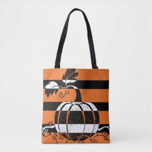 Tote Bag Bandes orange et noire avec citrouille