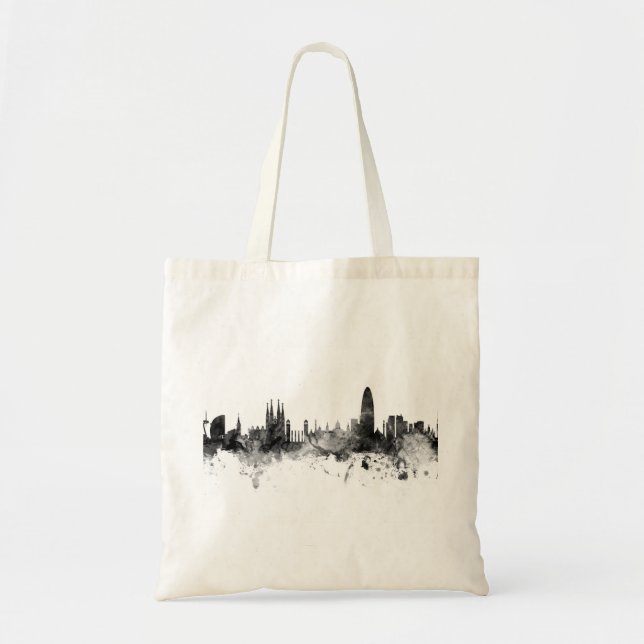 Tote Bag Barcelone Espagne Skyline Noir Blanc (Devant)