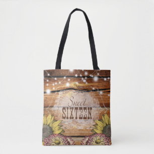 Tote Bag Barre Rustique Bois Chaîne Lumières Tournesols