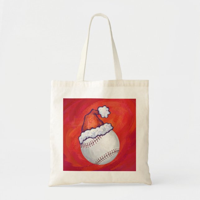 Tote Bag Baseball avec chapeau de Père Noël sur fond rouge (Devant)