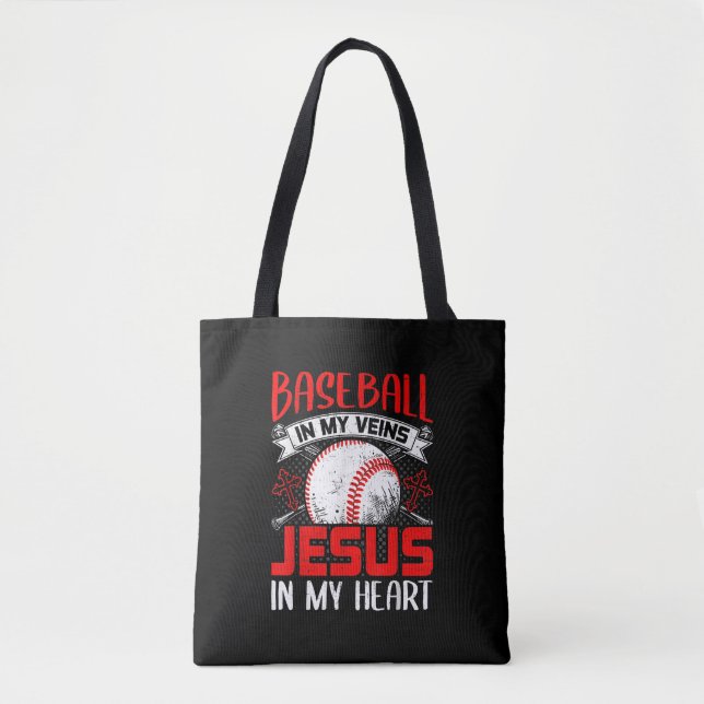 Tote Bag Baseball Dans Mes Veines Jésus Dans Mon Coeur Base (Devant)