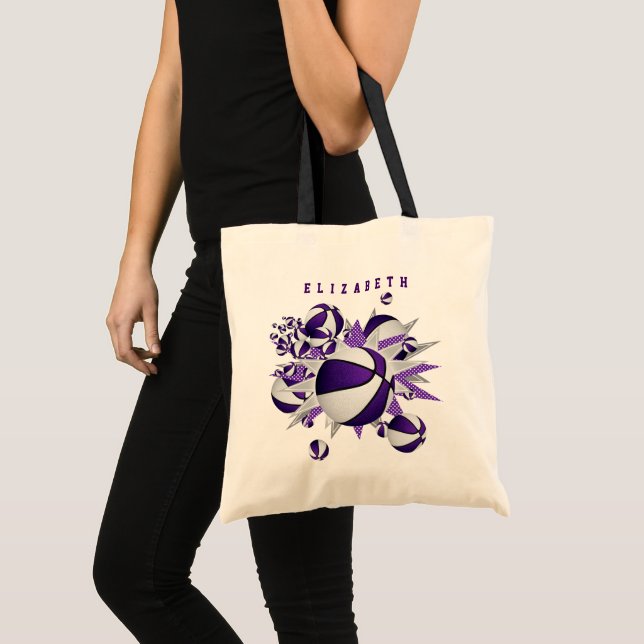 Tote Bag basket blanc violet étoiles filles nom (Devant (produit))