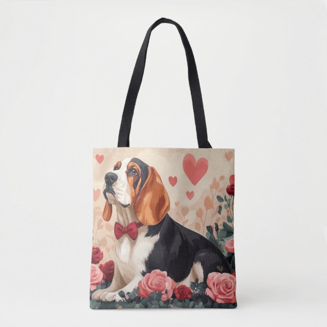 Tote Bag Basset Hound avec Roses - Saint Valentin (Devant)