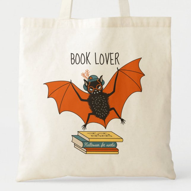 Tote Bag Bat Granny Lover (close up of a canvas tote bag with flying funny cartoon bat librarian and the text book lover)