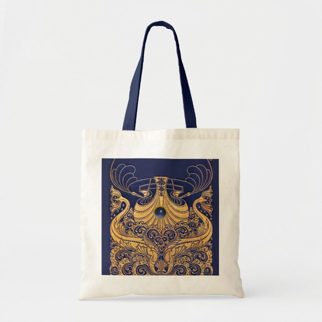 Tote Bag Bateau antique, Dauphins, Or, Bleu marine Nautique (Devant)