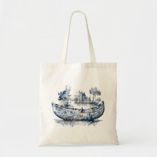 Tote Bag Bateau de style Delft bleu et blanc avec scène de