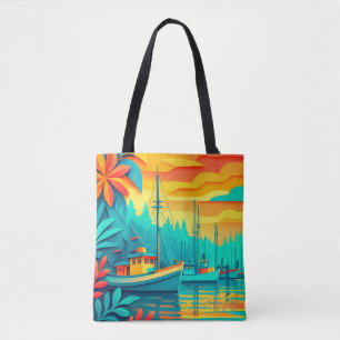 Tote Bag Bateaux de pêche au coucher du soleil tropical