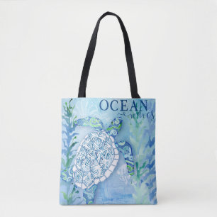 Tote Bag Beach Ocean Work Out Sea Turtle Watercolor Art