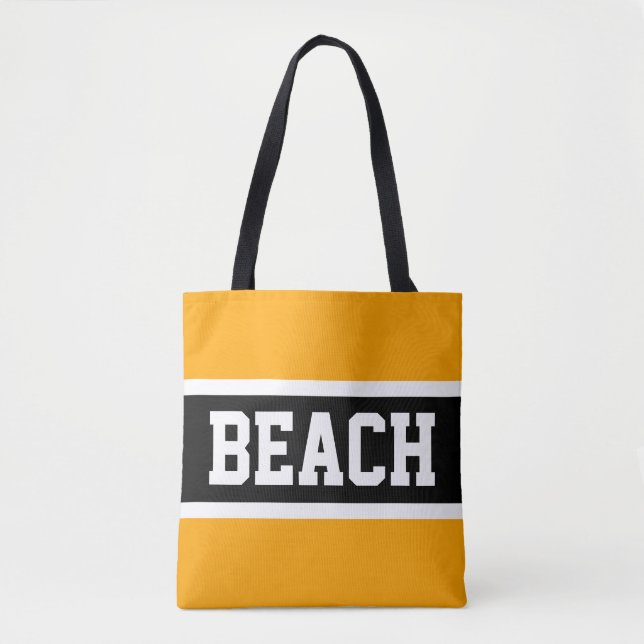 Tote Bag BEACH Text Gras Bright Jaune Noir Blancs (Devant)