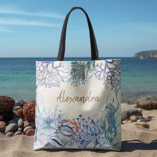 Tote Bag Beach Watercolor Ocean Sea Life Personnalisé
