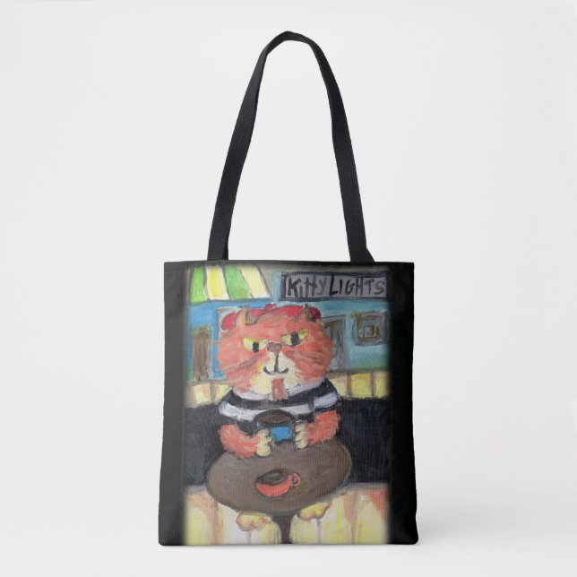 Tote Bag Beat Poet Café Chat Folk Art (Devant)