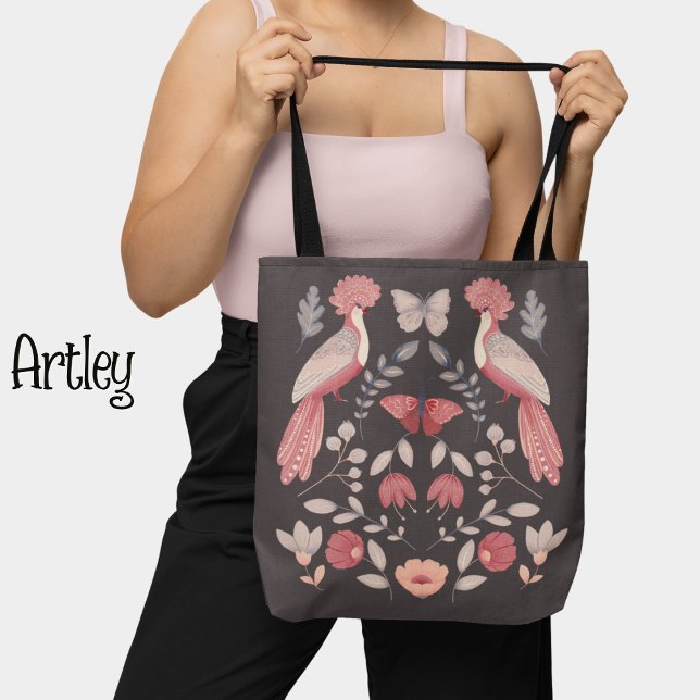 Tote Bag Beau art populaire rose paon fleuri (Créateur téléchargé)