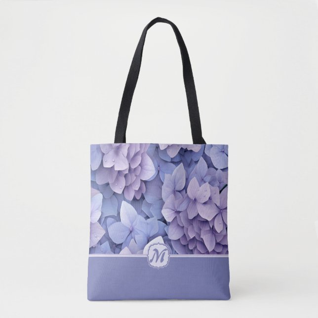 Tote Bag Beau bleu violet Hydrangea Monogramme (Devant)