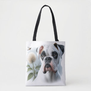 Tote Bag Beau Chien blanc de boxe présenté dans Nature
