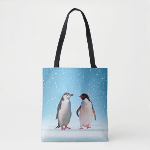Tote Bag Beau couple de pingouins sur bleu clair