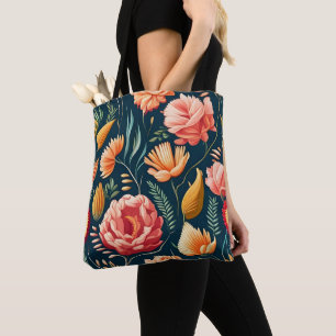 Tote Bag Beau Motif rose, orange et rouge