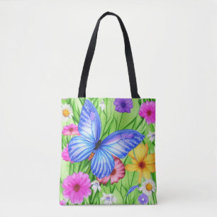 Tote Bag Beau Papillon Bleu avec fleurs Aquarelle
