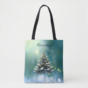 Tote Bag Beau sapin de Noël avec lumières de neige et d'or