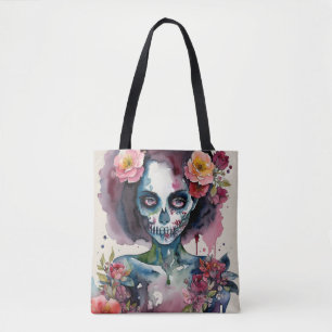 Tote Bag Beau Zombie Floral Aquarelle Portrait