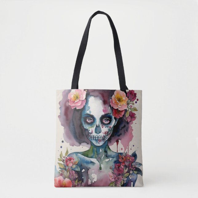 Tote Bag Beau Zombie Floral Aquarelle Portrait (Devant)