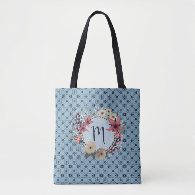 Tote Bag Beauté bleue | Couronne de monogramme floral (Devant)