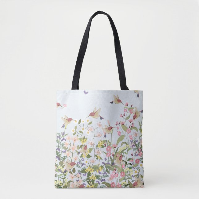 Tote Bag Beautiful hummingbird in sweet floral flower garde (Devant)