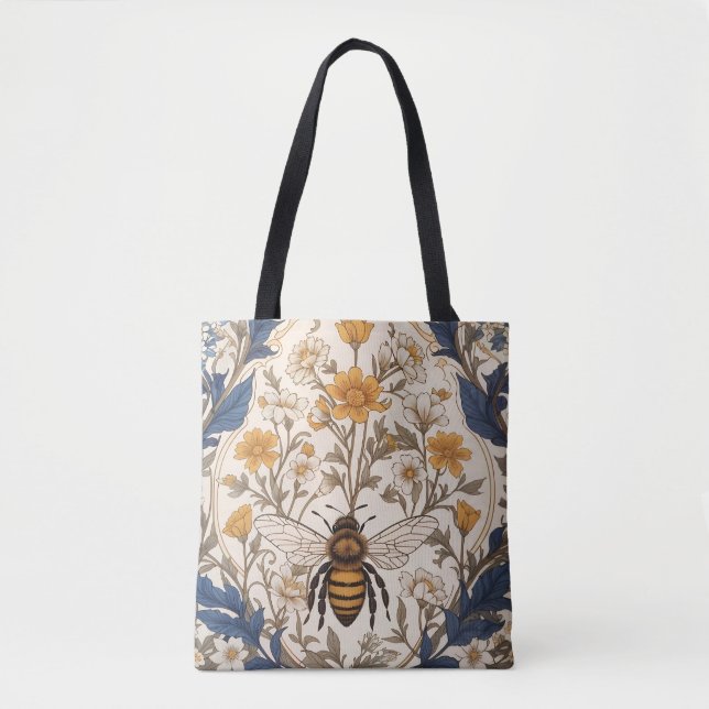 Tote Bag Beautiful Yellow and Blue Floral Vintage Bee (Devant)