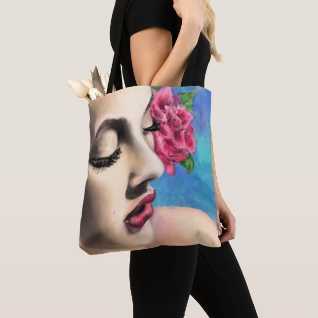 Tote Bag Beauty Woman avec Rose rouge - Art de la peinture  (De près)