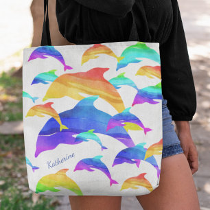 Tote Bag Beaux dauphins en arc-en-ciel avec prénom