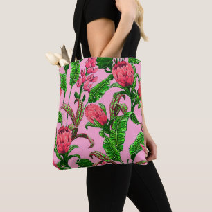 Tote Bag Beaux Feuilles verts tropicaux aux fleurs rouges
