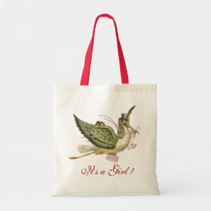 Tote Bag BÉBÉ EN STORK DOUCHE FILLE rose blanc