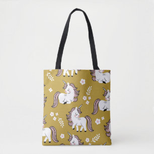 Tote Bag Bébé licornes, fleurs, motif vintage jaune.