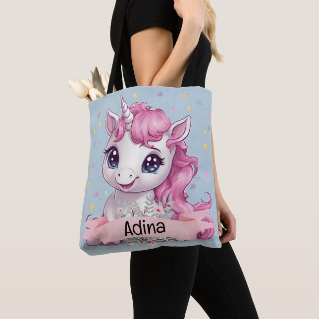 Tote Bag Bébé rose magique Unicorn Stars Nom personnalisé (De près)