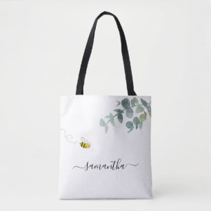 Tote Bag Bee eucalyptus vert nom blanc script mignon
