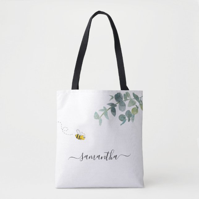 Tote Bag Bee eucalyptus vert nom blanc script mignon (Devant)