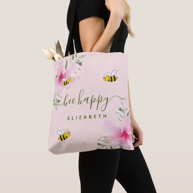 Tote Bag Bee Happy bumble abeilles rose or fleuri monogramm (De près)