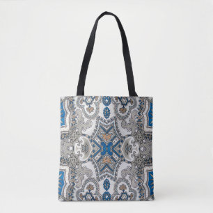Tote Bag Belle arabesque blanche et bleue, motif islamique