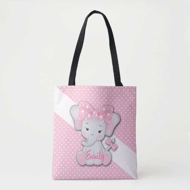 Tote Bag Belle caricature bébé éléphant sur une polka blanc (Devant)