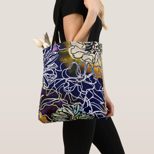 Tote Bag Belle couleur violet, blanc, bleu jaune (De près)