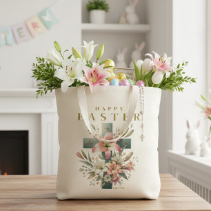 Tote Bag Belle Croix Florale Joyeux Pâques chrétien