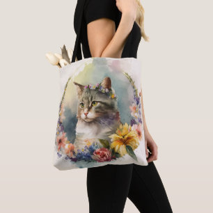 TOTE BAG BELLE EAU COULEUR GRAY TABBY FLEURS EN CHAT
