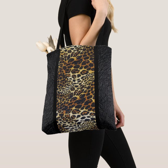 Tote Bag Belle Faux Black Cuir & Empreinte de léopard (De près)