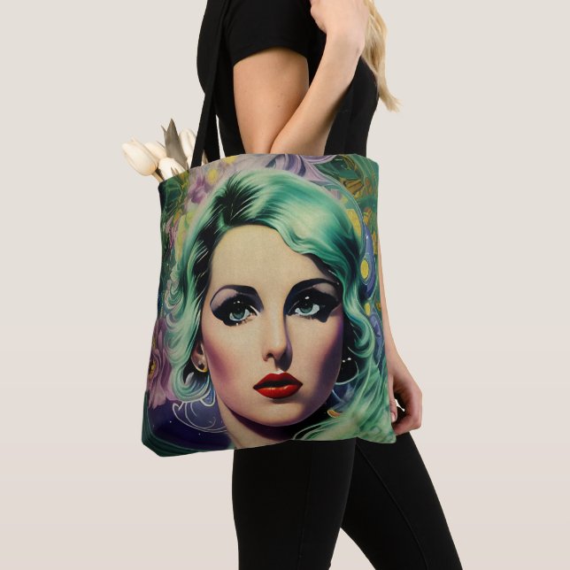 Tote Bag Belle Lavande & Green Retro Style Space Woman (De près)