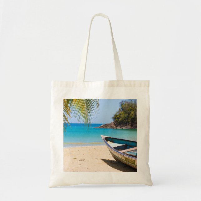 Tote Bag Belle plage tropicale avec bateau à rames (Devant)