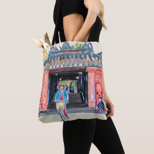 Tote Bag Belle scène asiatique Viêt Nam Art Pink Watercolor