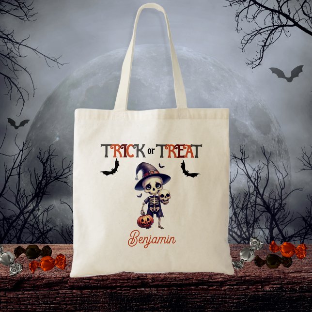 Tote Bag Belle squelette pour enfant ou traiter l'Halloween (Cute Skeleton Kid's "Trick or Treat" Halloween Tote Bag)