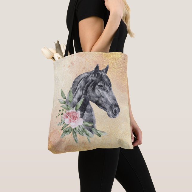 Tote Bag Belle tête de cheval noir Portrait d'aquarelle (De près)