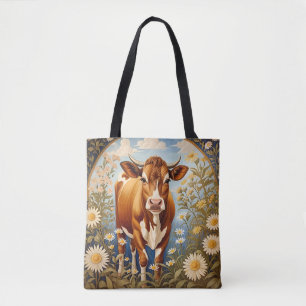 Tote Bag Belle vache Jersey dans le champ de marguerite Vin