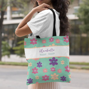Tote Bag Belle Violet rose Fleurs Jaunes avec nom